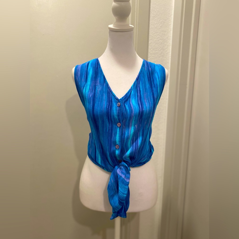 VTG 80s 90s Amaranto Sleeveless Watercolor Blue Vertical Stripe Button-Up Blouse